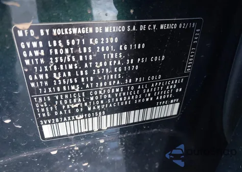 2019 Volkswagen Tiguan 2.0T Se/2.0T Sel/2.0T Sel R-Line/2.0T Sel R-Line Black из США, поврежденный, VIN 3VV2B7AXXKM101569